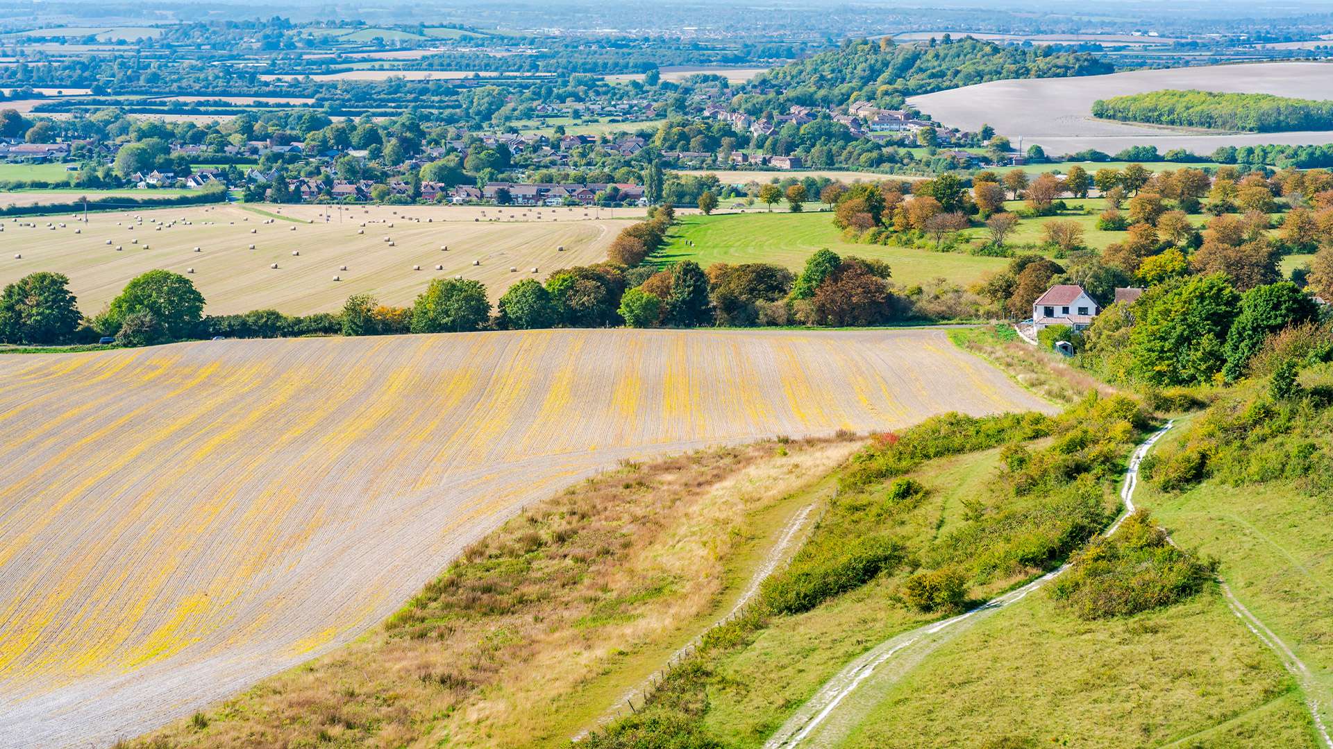View of English countryside from Dunstable Downs in the Chiltern Hills, Bedfordshire, UK
