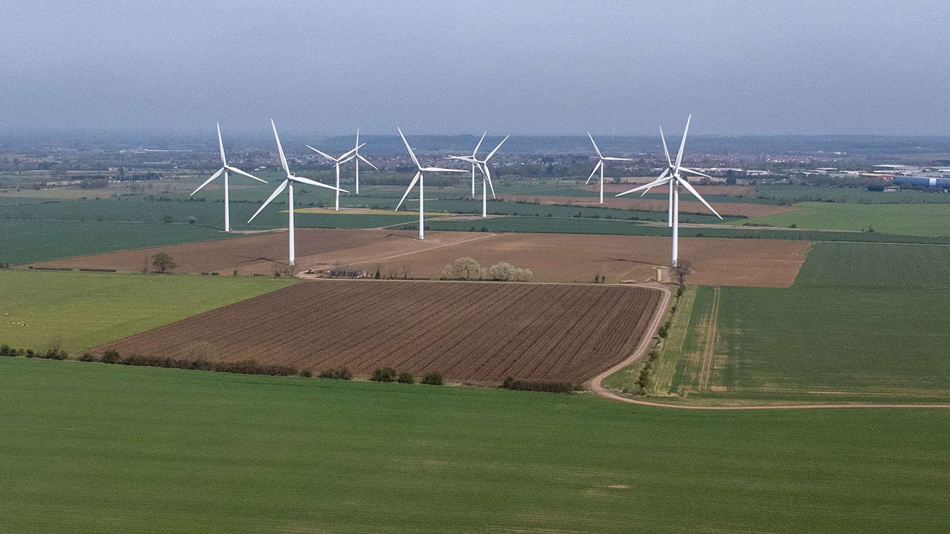 an aerial view of wind turbines in Bedfordshire